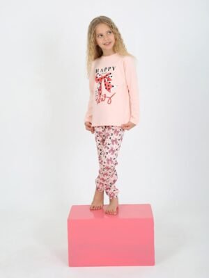 Kız Çocuk Happy Place Yazılı Fiyonk Detaylı Pijama takımı - Almira Bebek