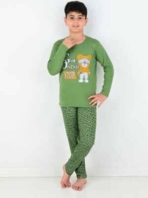 Erkek Çocuk Game Dangerous Yazılı Ayıcık Baskılı Pijama takımı - Almira Bebek