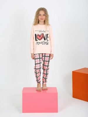 Kız Çocuk Love Yazılı uzun Kollu Pamuklu Pijama takımı - Almira Bebek