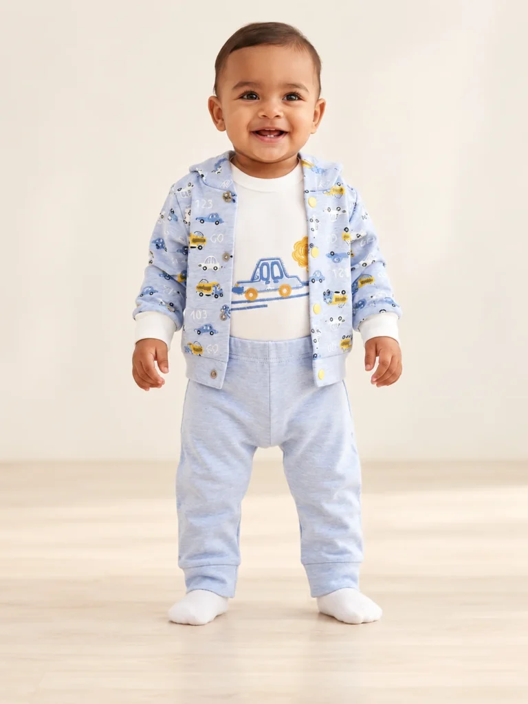 Erkek Bebek Araba Desenli kapşonlu Hırkalı - Pantolon - Bady 3' Lü Set