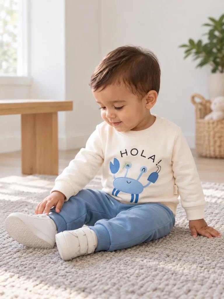 Erkek Bebek Hola Yazılı Yengeç Baskılı 2'li Takım - V3 doğal ürün görünümü - Almira Bebek
