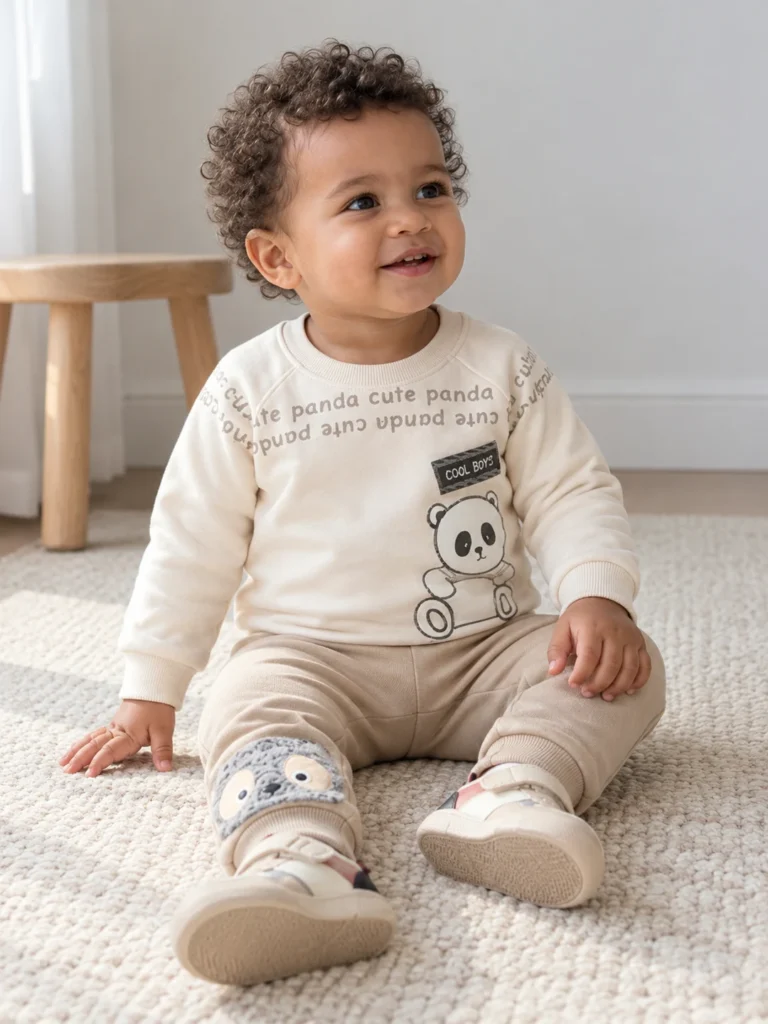 Erkek Bebek Cool Boys Yazılı Panda Baskılı Uzun Kollu Takım