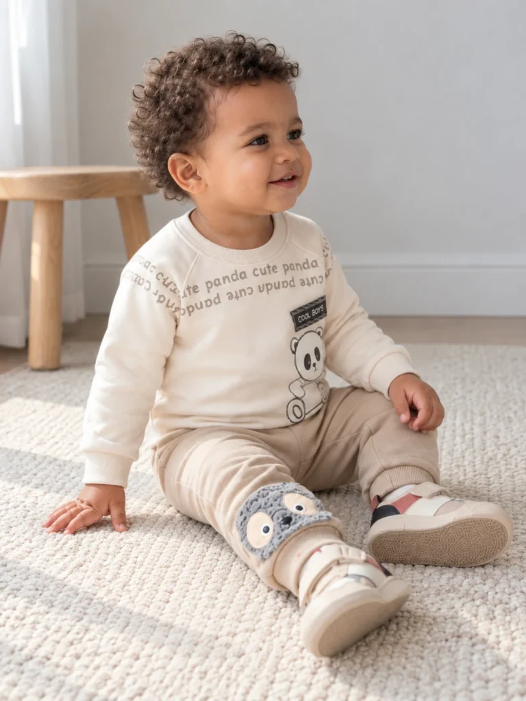 Erkek Bebek Cool Boys Yazılı Panda Baskılı Uzun Kollu Takım - V3 doğal ürün görünümü - Almira Bebek