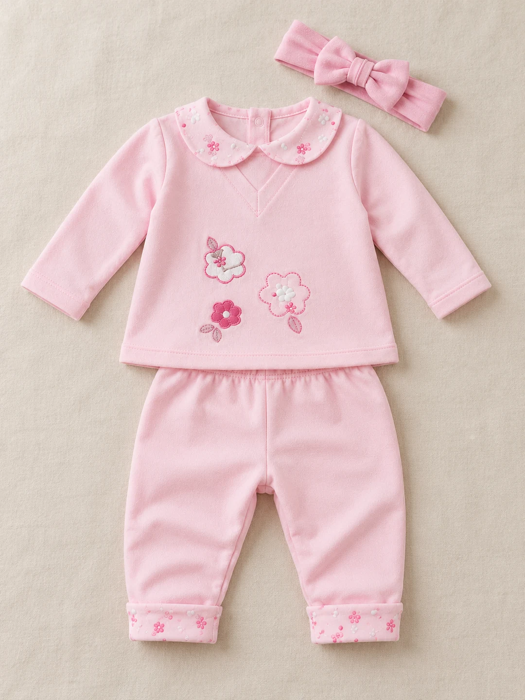Kız Bebek Çiçek Nakışlı Uzun Kollu Takım - V3 doğal ürün görünümü - Almira Bebek