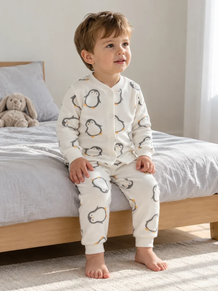 Erkek Çocuk Penguen Baskılı Önden Çıtçıtlı Uzun Kollu Pijama Takımı - V3 doğal ürün görünümü - Almira Bebek