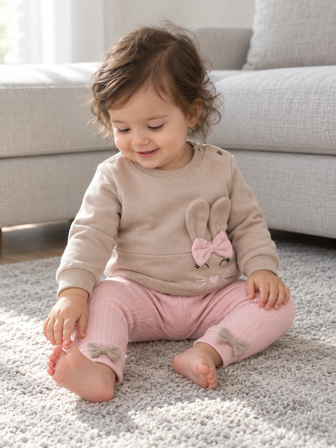 Kız Bebek Tavşan Detaylı Fiyonklu Pamuklu Takım - V3 doğal ürün görünümü - Almira Bebek