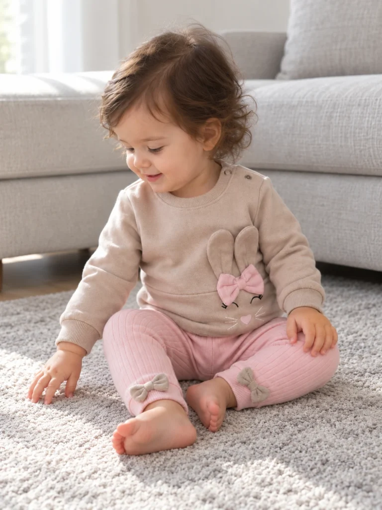 Kız Bebek Tavşan Detaylı Fiyonklu Pamuklu Takım - V3 doğal ürün görünümü - Almira Bebek