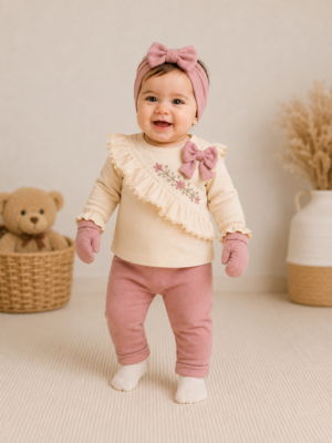 Kız Bebek Fiyonk Detaylı Çiçek Nakışlı Arka Kısmı Çıtçıtlı 5 ' Li Zıbın Seti - Almira Bebek