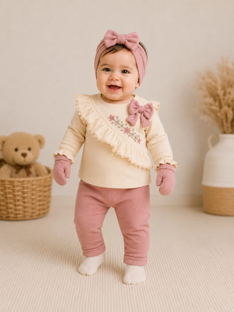 Kız Bebek Fiyonk Detaylı Çiçek Nakışlı Arka Kısmı Çıtçıtlı 5 ' Li Zıbın Seti