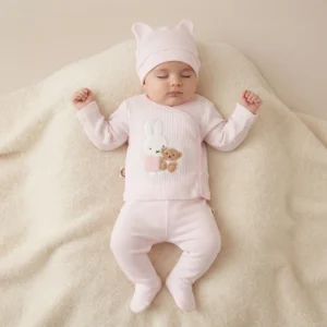 Kız Bebek Tavşan Baskılı 3 ' Lü Zıbın Seti - Almira Bebek