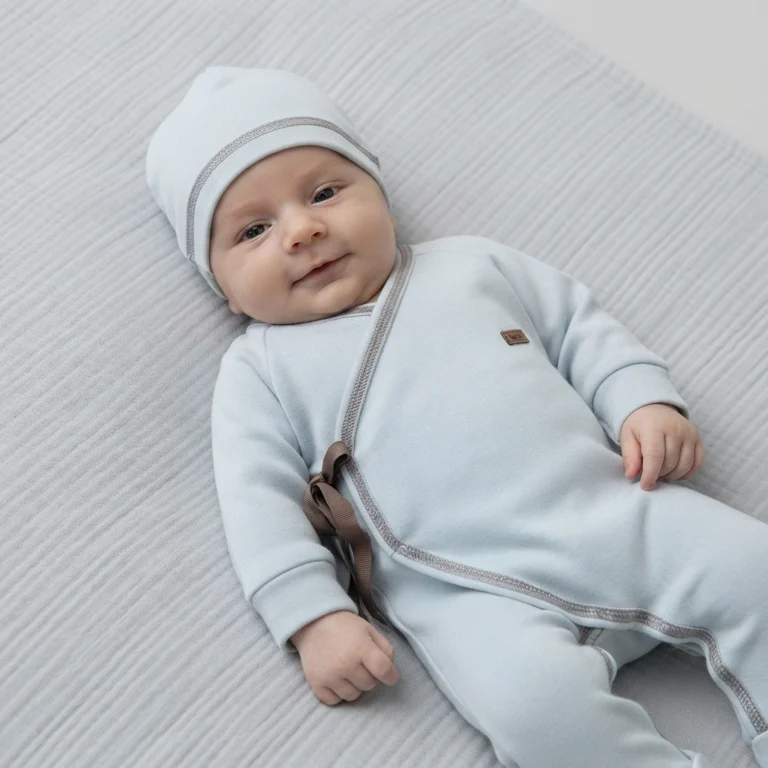 Erkek Bebek Uzun Kollu Yandan Bağcıklı Şapkalı Tulum