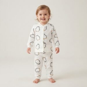 Erkek Çocuk Penguen Baskılı Önden Çıtçıtlı Uzun Kollu Pijama Takımı - Almira Bebek