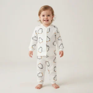 Erkek Çocuk Penguen Baskılı Önden Çıtçıtlı Uzun Kollu Pijama Takımı - Almira Bebek
