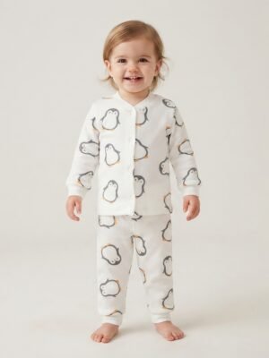 Erkek Çocuk Penguen Baskılı Önden Çıtçıtlı Uzun Kollu Pijama Takımı - Almira Bebek