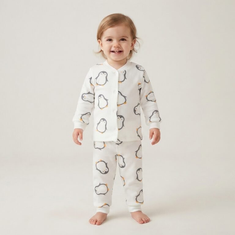Erkek Çocuk Penguen Baskılı Önden Çıtçıtlı Uzun Kollu Pijama Takımı - Almira Bebek