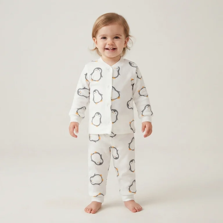 Erkek Çocuk Penguen Baskılı Önden Çıtçıtlı Uzun Kollu Pijama Takımı - Almira Bebek