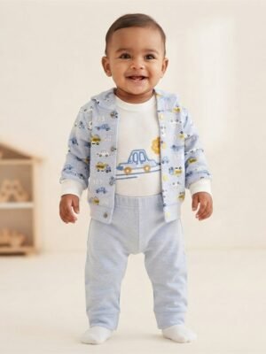 Erkek Bebek Araba Desenli kapşonlu Hırkalı - Pantolon - Bady 3' Lü Set - Almira Bebek