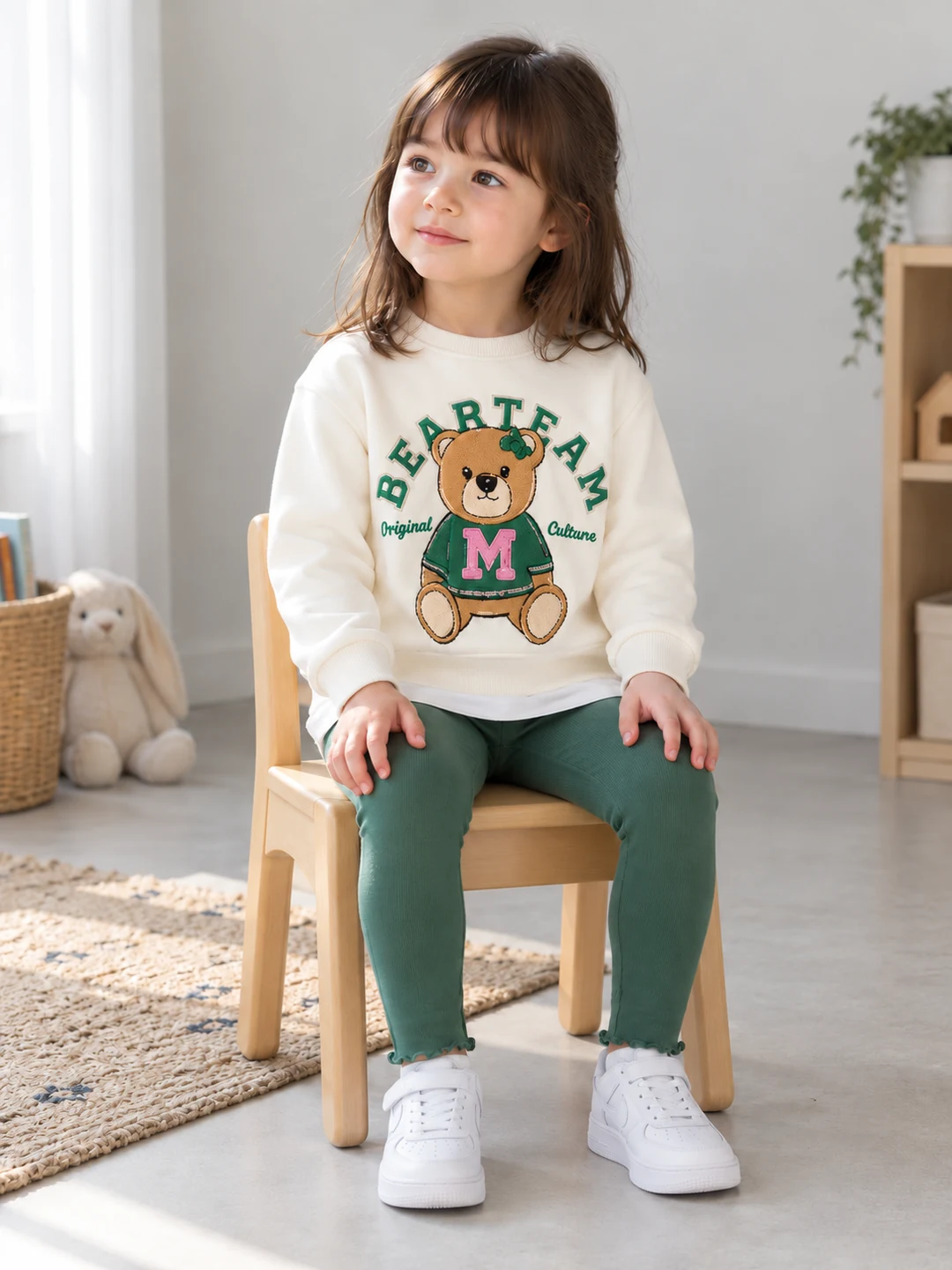 Kız Çocuk Bearteam yazılı Ayıcık Baskılı Sweat- Fitilli Taytlı Takım - V3 doğal ürün görünümü - Almira Bebek
