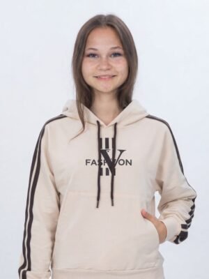 Kız Çocuk Kapşonlu - Yandan Şeritli -Kanguru Cepli Sweatshirt - Almira Bebek