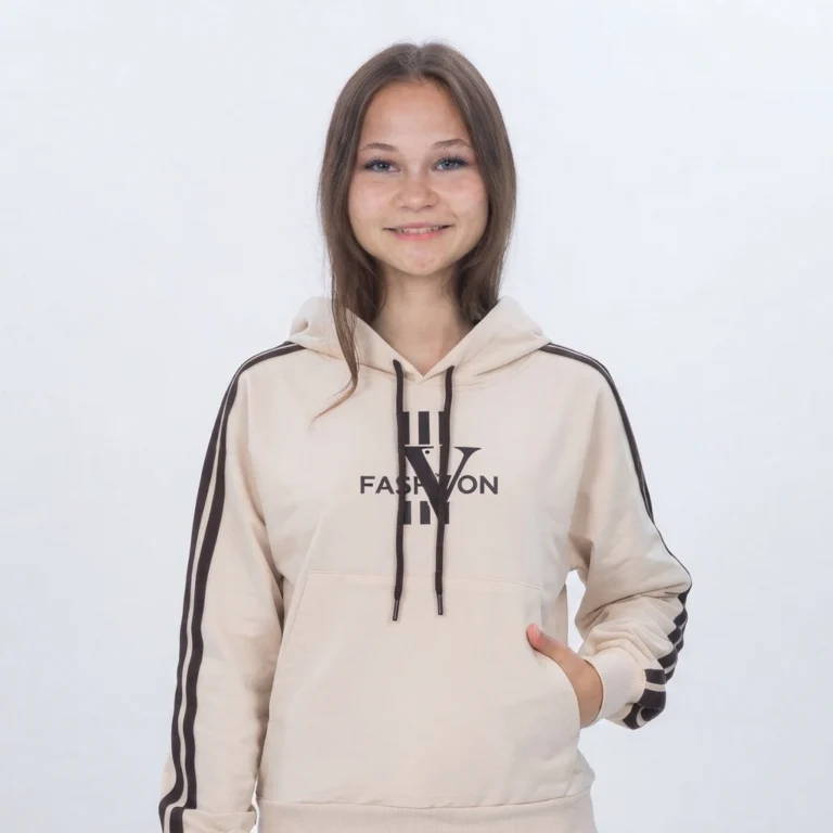 Kız Çocuk Kapşonlu - Yandan Şeritli -Kanguru Cepli Sweatshirt