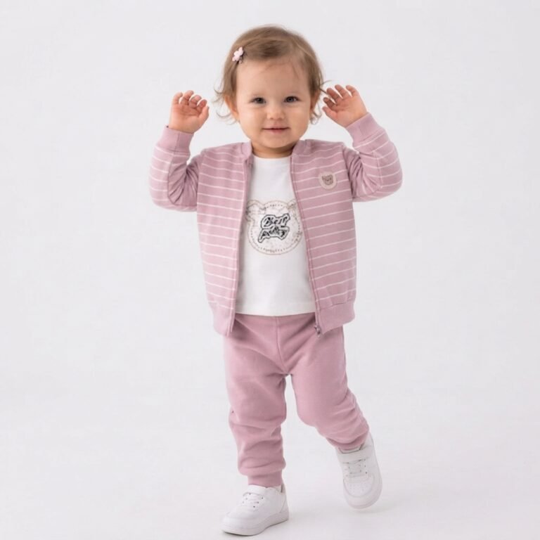Kız Bebek Çizgili - Fermuarlı - Şardonlu Hırka Bady _ Pantolon Takım