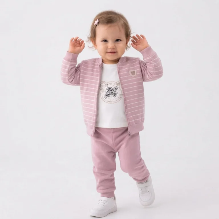 Kız Bebek Çizgili - Fermuarlı - Şardonlu Hırka Bady _ Pantolon Takım
