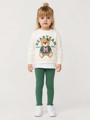 Kız Çocuk Bearteam yazılı Ayıcık Baskılı Sweat- Fitilli Taytlı Takım - Almira Bebek