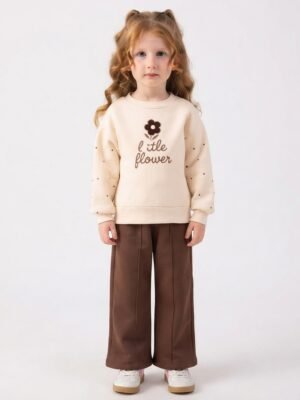 Kız Çocuk çiçek Baskılı Little Flower Yazılı Şardonlu Takım - Almira Bebek