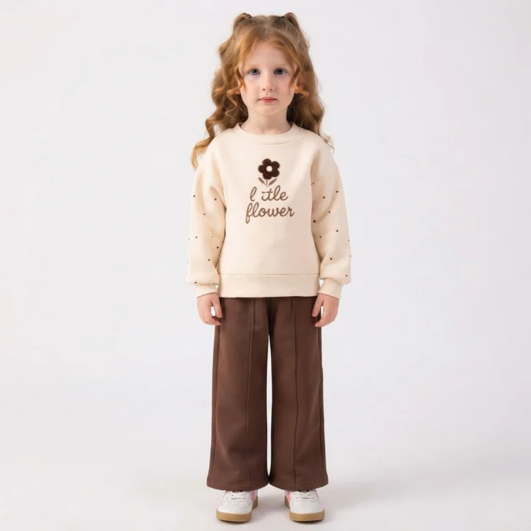 Kız Çocuk çiçek Baskılı Little Flower Yazılı Şardonlu Takım