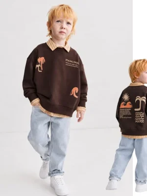Erkek Çocuk Palmiye Baskılı Strong Swell Yazılı Sweatshirt_ Kot Pantolonlu Takım - Almira Bebek
