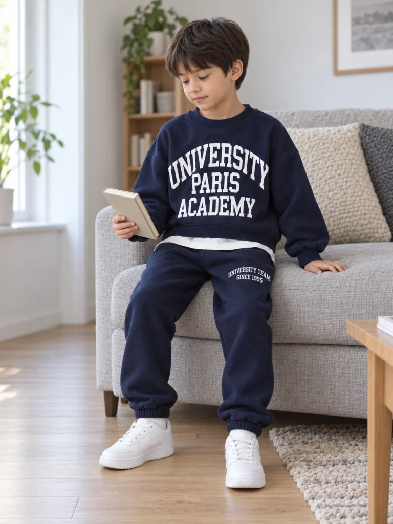 Erkek Çocuk University Paris Akademi Yazılı Pantolon _ Sweatshirt Takım - 02-dogal