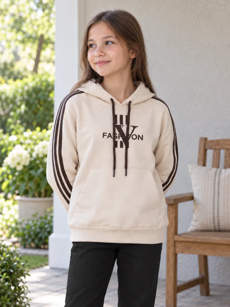 Kız Çocuk Kapşonlu - Yandan Şeritli -Kanguru Cepli Sweatshirt