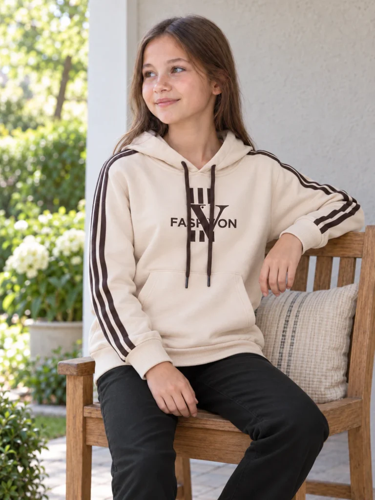 Kız Çocuk Kapşonlu - Yandan Şeritli -Kanguru Cepli Sweatshirt - 02-dogal