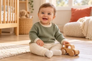Yeşil örgü takımlı erkek bebek