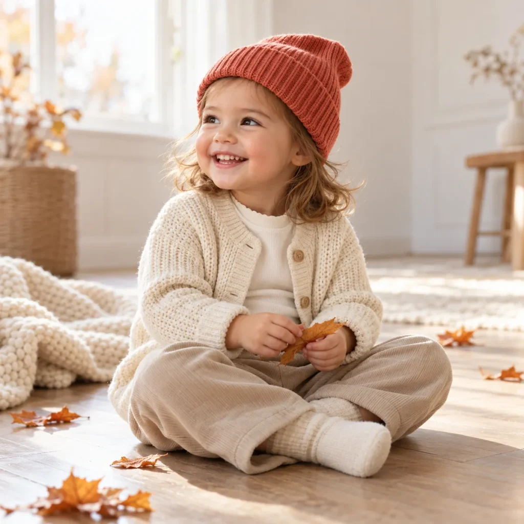 Krem örgü hırka ve mercan bereli gülümseyen bebek