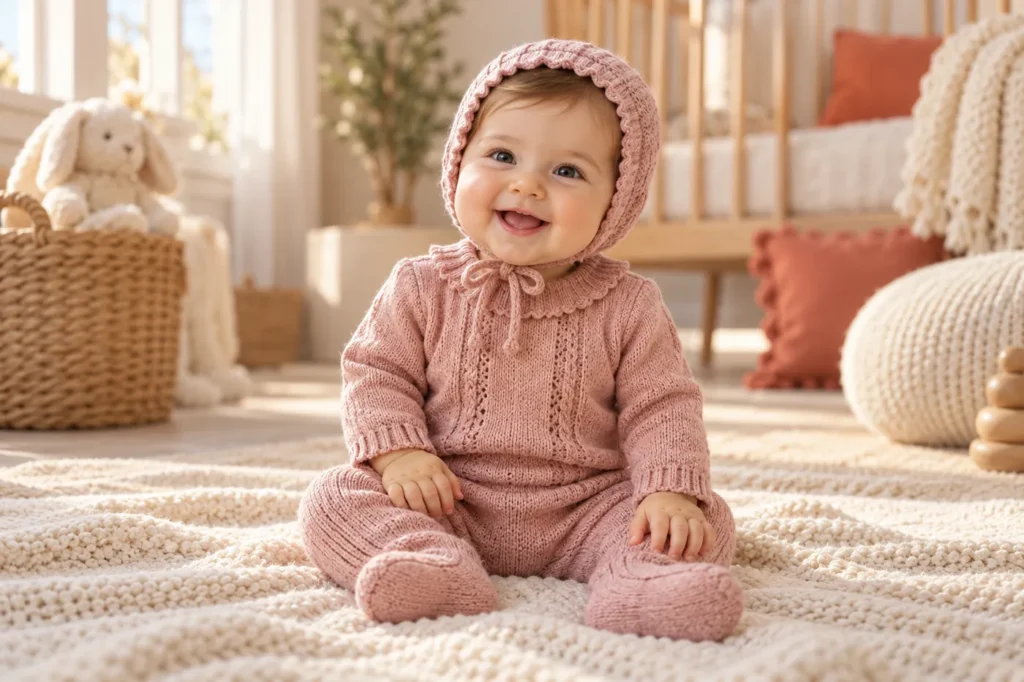 Pembe örgü takımlı kız bebek