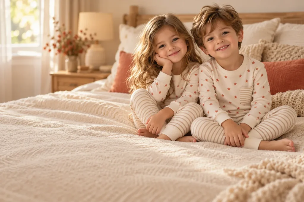 Pamuklu pijama takımlı iki çocuk yatakta