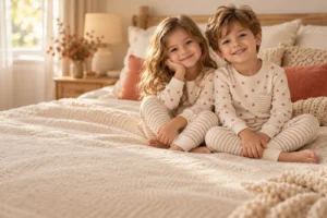 Pamuklu pijama takımlı iki çocuk yatakta